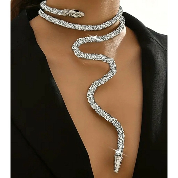Unbranded Jewelry - Y2K Silvertone Sparkly Snake Choker Wraparound Boho Fashion Trendy Necklace NEW
